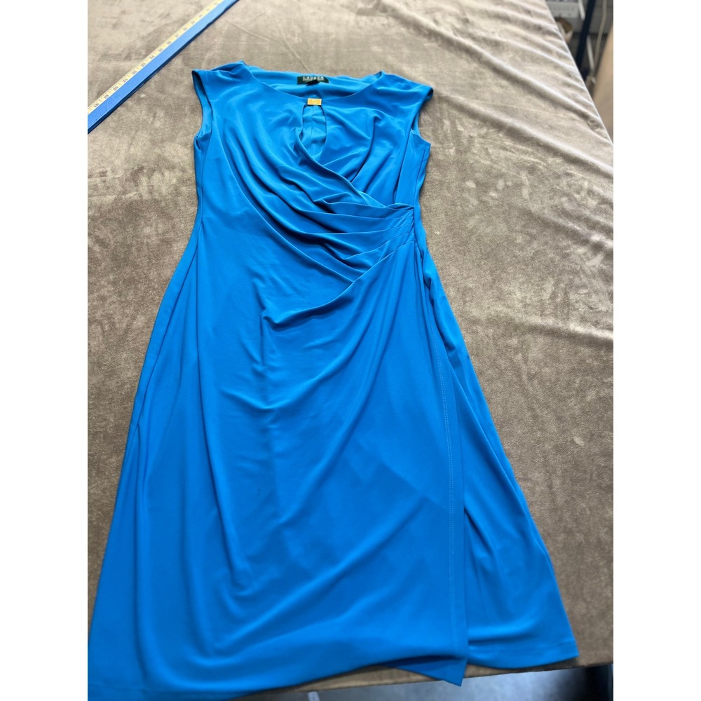 Lauren Ralph‎ Lauren Blue Ruched Keyhole Sheath Dress Size 8 Gold Logo Accent
